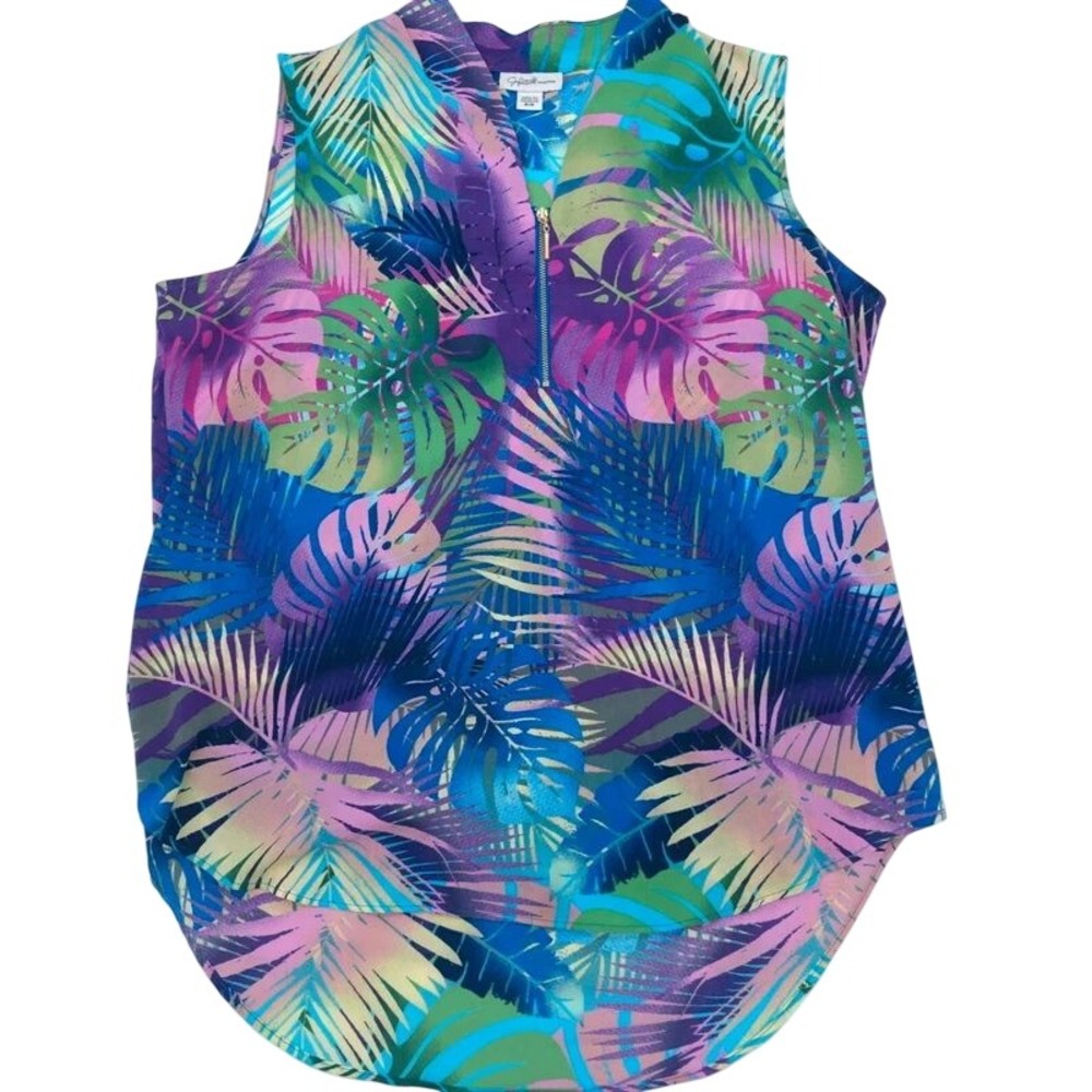 Tropical Palm Leaf Print Half Zip Tank Jaclyn Smith Blue Floral Top Womens M
